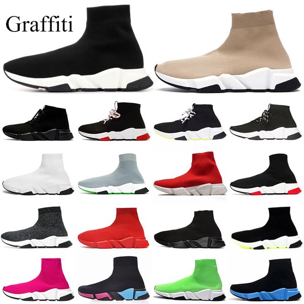 

2020 дизайнер носок обуви дизайнерская скорость кроссовки женщин мужчины chaussures тройной белый черный graffiti clear подошва мужская трен, Black