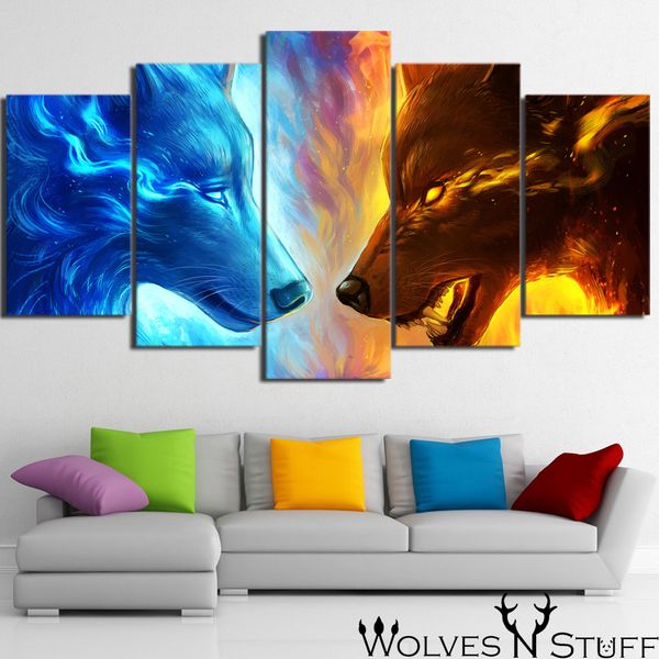 

posters and prints by jojoesart 5 piece canvas art fire wolf ice wolf two wolves wall art picture home decoration cu-3091c