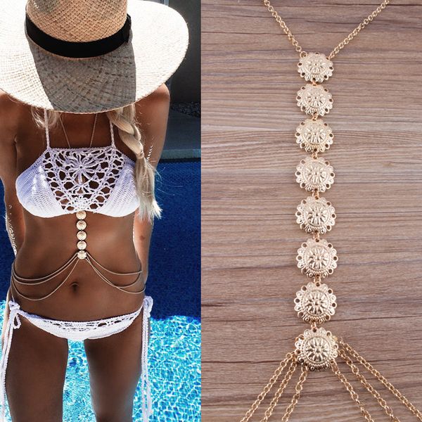 

fashion- metal carving flower body chains jewelry waist crossover bikini beach belly chains vintage sandy bijoux pendant necklaces 2017, Silver