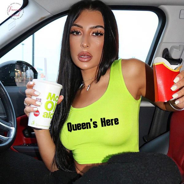

2020 new fashion letter print vest summer casual sleeveless gym tank neon color short women crop, White