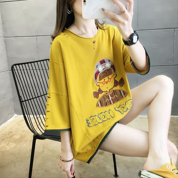 

2020 and summer cartoon printed fashionable ins mid-length short-sleeved t-shirt female 2020 shorts and shorts summer cartoon printed fashio, White
