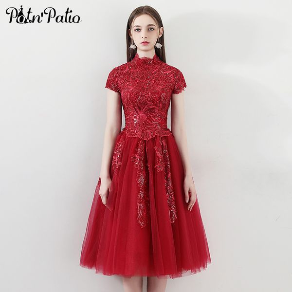 

vintage high neck wine red evening dresses for women luxury sequined appliques backless prom dresses with short cap sleeves 2019, White;black