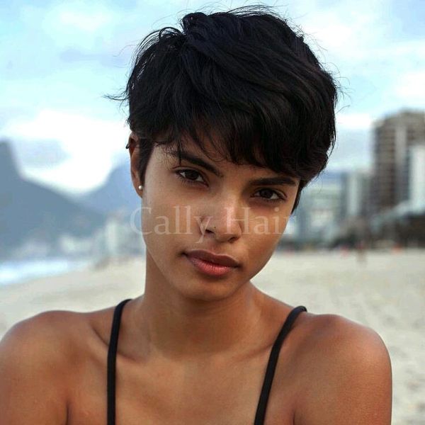 Burmese Hair Black Short Pixie Cut Wigs For Black Women Chic Black