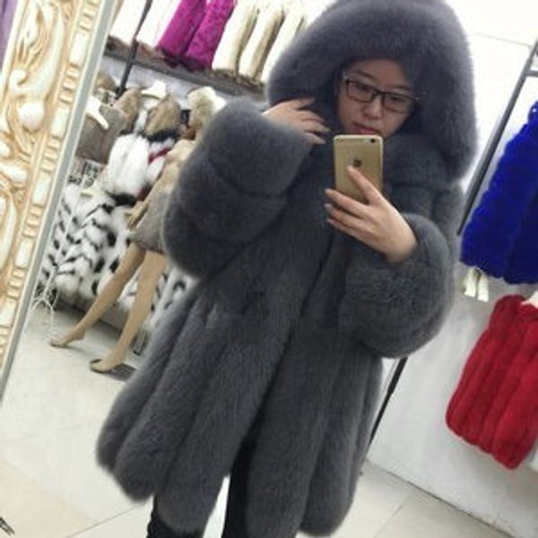 

women's fur & faux real coat brand female warm fashion hood, Black