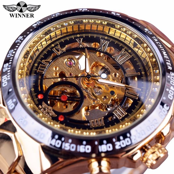

winner mens automatic mechanical watch montre homme luxury design bezel golden stainless steel skeleton watches clock men, Slivery;brown