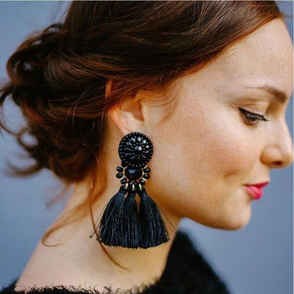 

e0502 bohemian long statement tassel drop earrings luxury resin beads tassel earrings for women 7 color choice dangle earrings, Silver