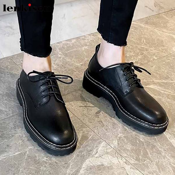 

lenkisen star genuine leather leisure shoes preppy style round toe med heels women daily wear solid fashion lace up pumps l09, Black
