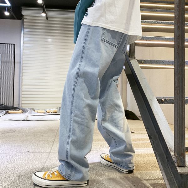 

spring men loose jeans popular logo japanese straight pants, Blue