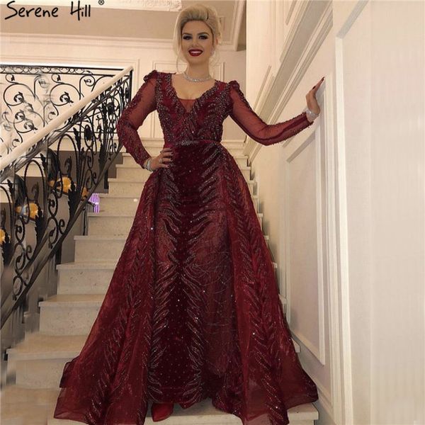 

dubai luxury design wine red evening dresses 2019 v-neck long sleeve beading sequined evening gowns serene hill la60903, White;black