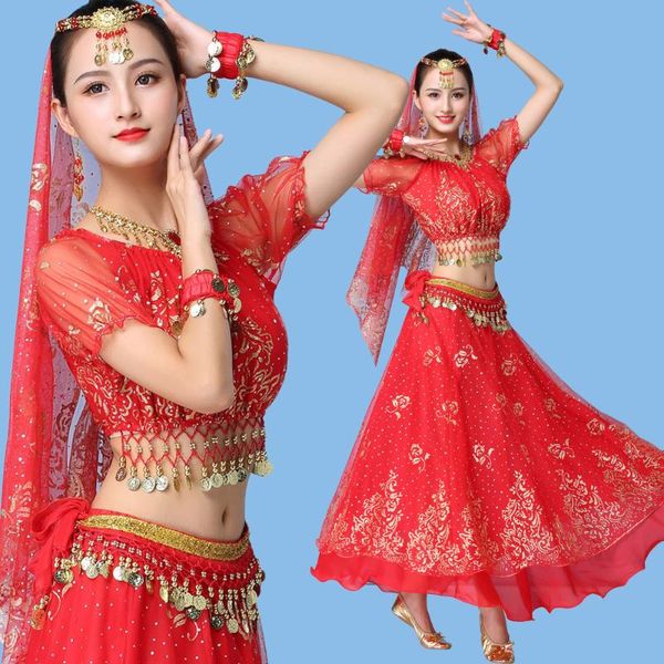 

2020 new bollywood dress costume women set dance belly dance outfit performance clothes chiffon 8 pcs a set, Black;red