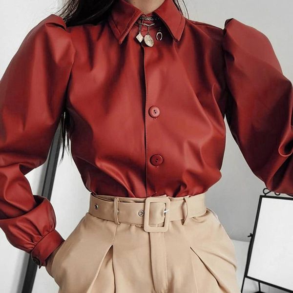 

party solid loose casual street autumn winter pu leather puff sleeve button front shopping women blouse fashion lapel neck, White
