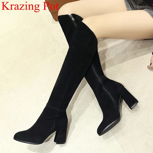 

superstar big size round toe cow suede knee-high boots zipper square heel thigh high boots elegant keep warm winter shoes l69, Black