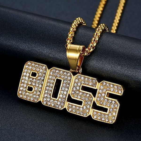 

trendy jewelry accessories fashion stainless steel custom necklace for men inlaid cubic zirconia boss letter pendant necklaces, Silver