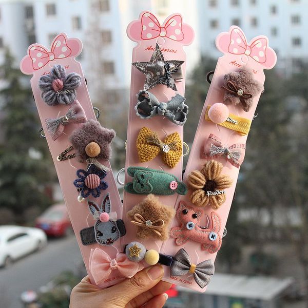 

european and american baby head accessories korean handmade fabric childrens cute hairpin hairband gift set girls bow rubber band bb clip he, Slivery;white