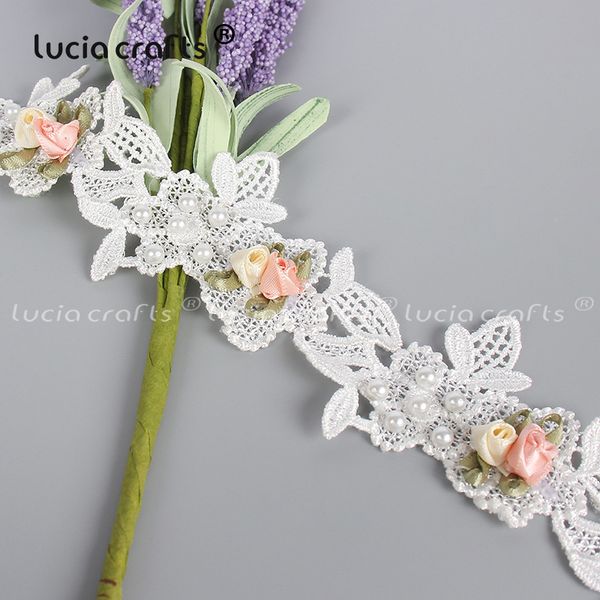 

sale1yard 5.2cm apricot 3d flower pearl embroidered lace trim ribbon fabric diy sewing garment dress wedding decor p0512, Pink;blue