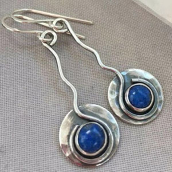 

vintage thai silver handmade curved earring round natural stone lapis lazuli dangle earrings for women boho gothic jewelry