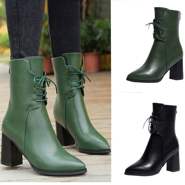 

pointed toe women's boots green plush ankle keep warm winter boots for women autumn high heel metal zipper leather women, Black