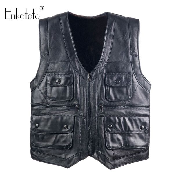 

2019 autumn winter genuine sheepskin leather vest men double faced sheep fur lining jacket male loose thick waistcoat plus size, Black;white