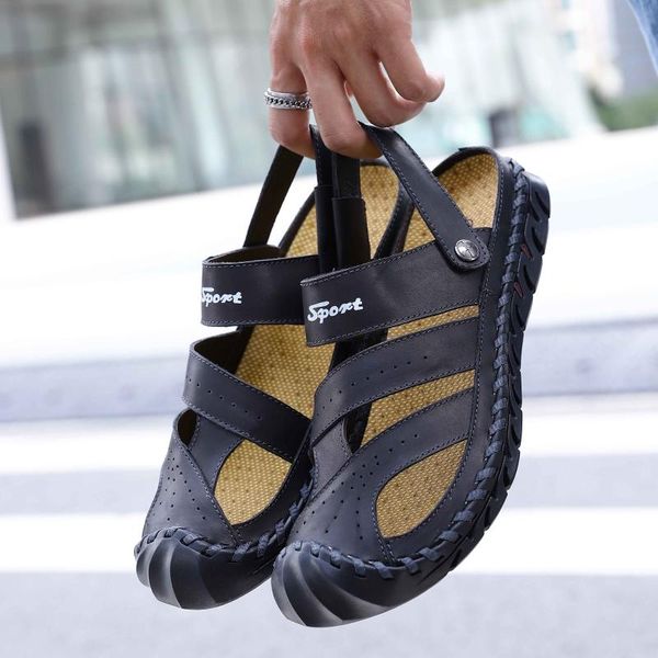 

man sandals 2020 summer men handmade genuine leather slipper roman shoes 39 hollow lightweight male casual sandalia masculina, Black