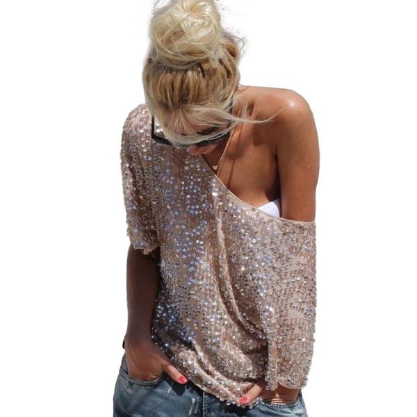 

women off shoulder t shirts sequin party 2020 new fashionstreetwear autumn casual loose tees camiseta mujer, White