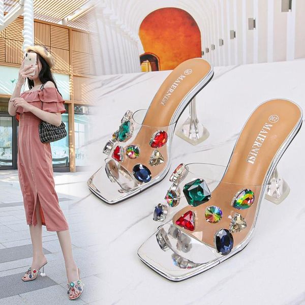 

glitter multicolored rhinestone open toe transparent slippers women silver&gold stiletto wineglass ultra high heels clear slides, Black