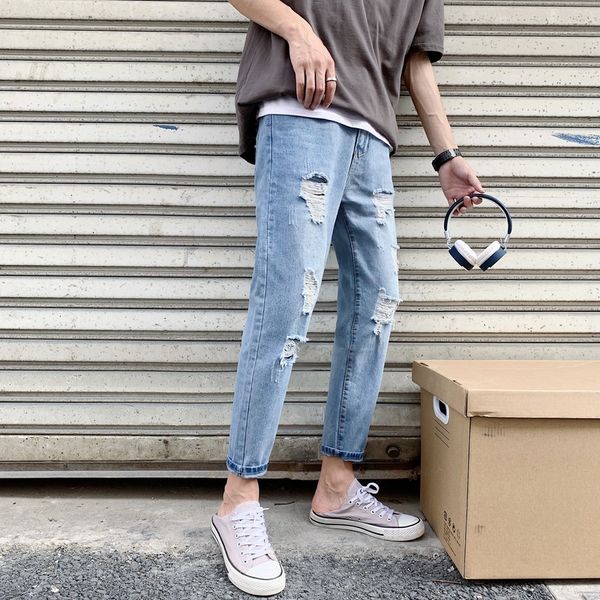 

2019 spring and autumn new style with holes jeans korean-style skinny ripped jeans multi-broken men capri pants sub, Blue