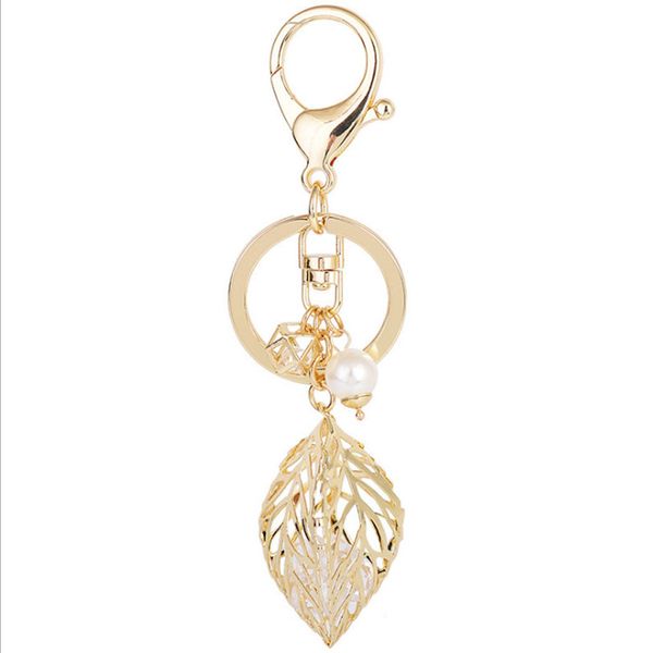 

creative hollow leaf car key chain exquisite pearl zircon small gift pendant bag hanging ornaments, Silver