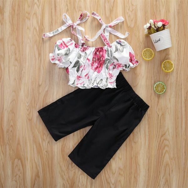 

fashion newborn baby girl off shoulder short sleeve crop + wide leg pants trousers summer outfits set 2pcs, White