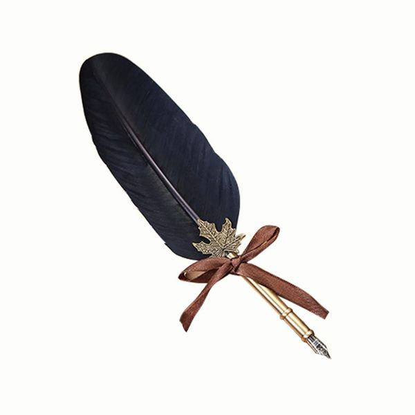 

aaaj-creative craft vintage quill retro carved stainless steel enamel pen signature gift feather pen set, Black;red