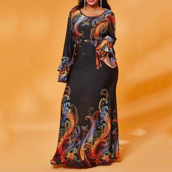 

vintage african women long dress black beaded floral print prom party dresses elegant long sleeve summer a-line vestidos, White;black