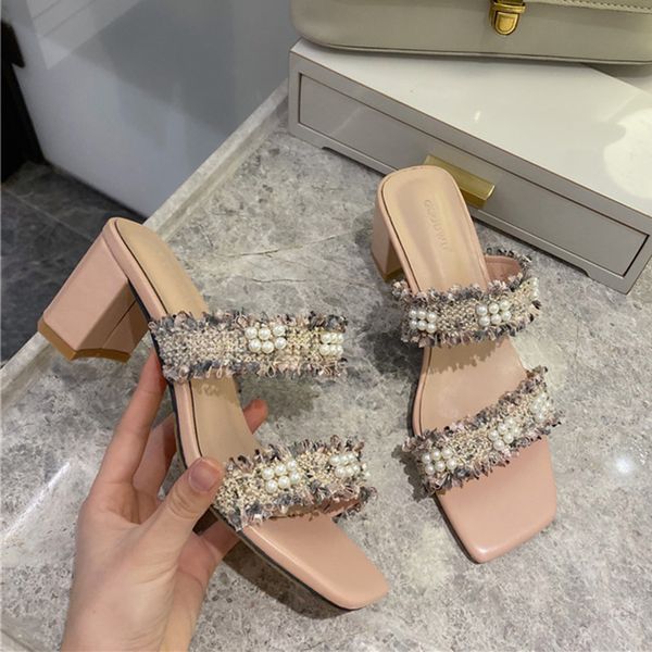 

2020 summer new sweet women pearl white pink heels slippers mules open toe slides designer thick high heels slippers party shoes, Black
