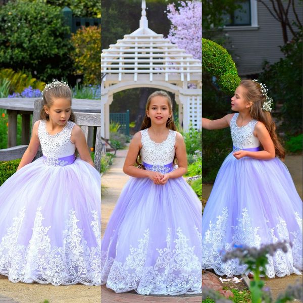 Adorabili ragazze di fiori di lavanda abiti gioiello appliques in pizzo in pizzo in rilievo con mancorsi da pavimento di tulle da bambino da bambino abiti da concorso