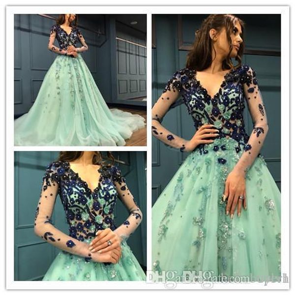 

a line v neck long sleeves prom dresses blue tulle elegant evening formal dresses for birthday 2018, Black