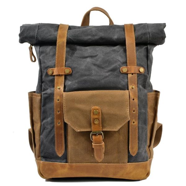 

new vintage oil waxed canvas leather backpack large capacity teenager traveling waterproof daypacks 14" lap rucksack