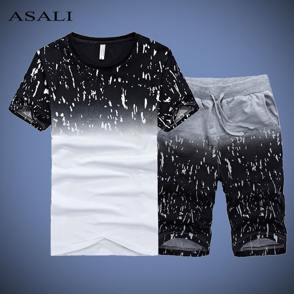 

summer tracksuit men color gradient print shirts + shorts set man short sleeve t-shirts casual men's clothing sets plus size 4xl, Gray