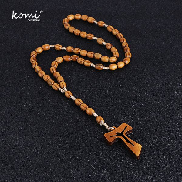 

komi 2018 new wooden beads cross pendant necklace for women men catholic christ religious jesus rosary jewelry gift strand r-003, Silver