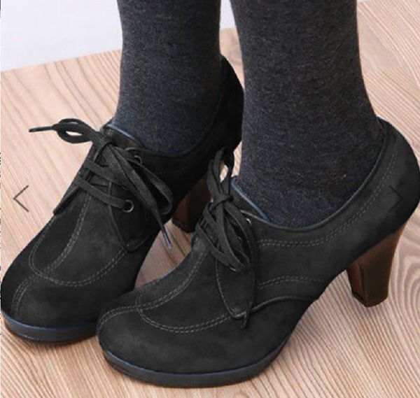 

women booties autumn winter high heels lace up ankle boots platform western ladies shoes vintage sewing boots big size, Black