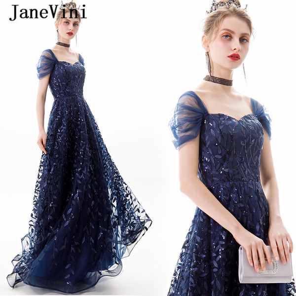 

janevini shiny sequined a line prom dresses long 2019 sweetheart cap sleeves backless new elegant navy blue plus size prom dress, White;black