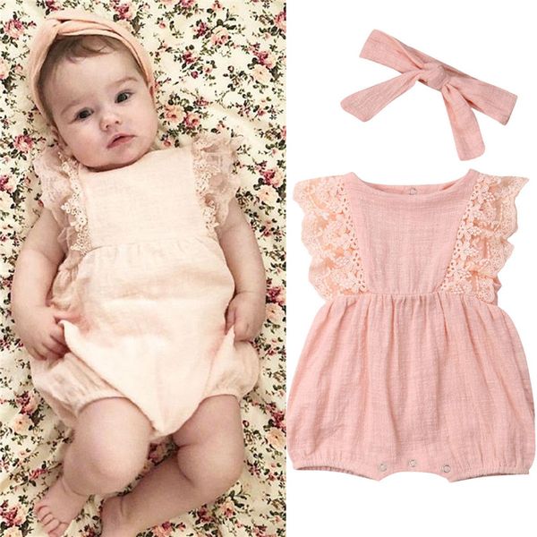 Pretty Summer Newborn Kid Baby Girl Abiti in pizzo con maniche a balze Pagliaccetto Solido Tuta con fiocco Fascia per capelli 2 pezzi Baby Girl Set 0-24M