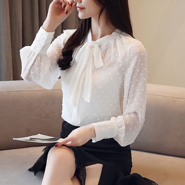

2019 new spring fashion women's clothing solid color long sleeves shirts chiffon lace ruffles bow stand collar blouse female, White