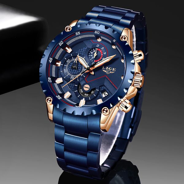 Nova 2020 Aço inoxidável moda azul LIGE Mens Relógios Top Marca de luxo impermeável relógio de quartzo Homens Data Dial Desporto Chronograph CX200805