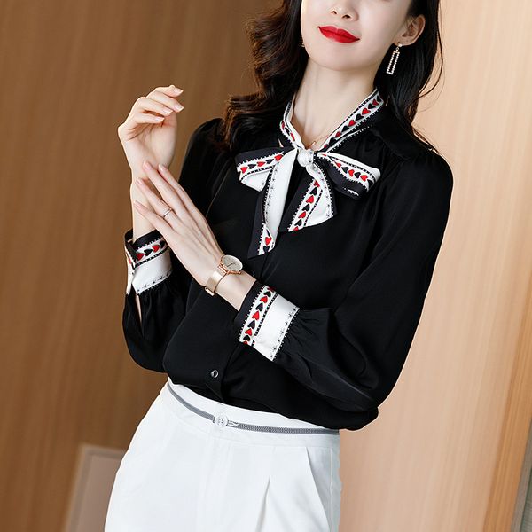 

silk shirt women's spring new bowknot solid color long sleeve shirt lace loose women's dress, White