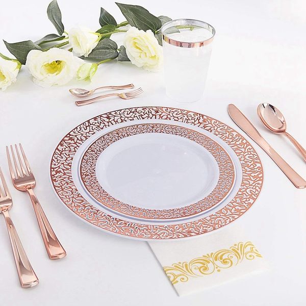 

12 oz rose gold plastic cups-100 pack clear plastic cups with rose gold rim-wedding/party disposable cups-heavyweight plastic tu disposable