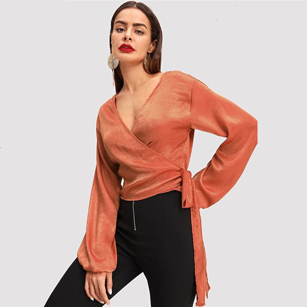 

блуза женщины женская топы orange wrap элегантная осень с длинным рукавом девушки работа блуза рубашка v шеи мода сексуальный женщины топы и, White