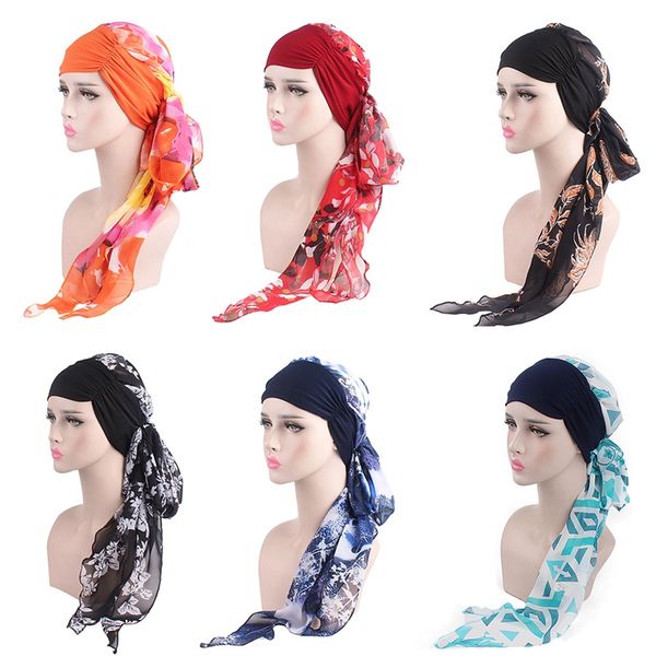 

2018 women muslim bandanas cap turban long hair band scarf head wraps hat boho pre-tied headwear hair head accessories for women