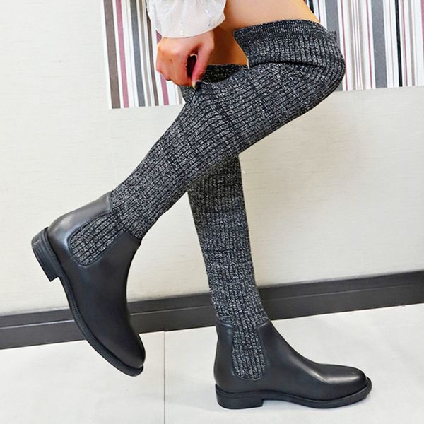 

women's ladies fashion low slip on warm knitted over kneeth winter long boots, Black