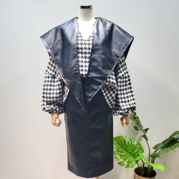 

lanmrem 2019 autumn and winter new women's loose scalp collar stitching lantern sleeves plaid sweater fake two 19b-a502, White;black