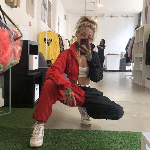 

wf25 new autumn winter women black white red patchwork leisure sprortswear women sports set costumes, Black;blue