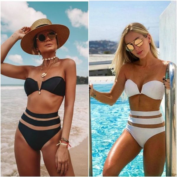 

2019 new arrivals summer girls white black strapless high waist mesh two piece bikinis swimsuits, Gray