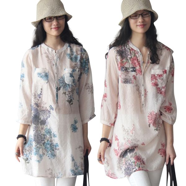 

women's casual tunic blouses three quarter sleeve v neck floral print shirts for summer blouse, White